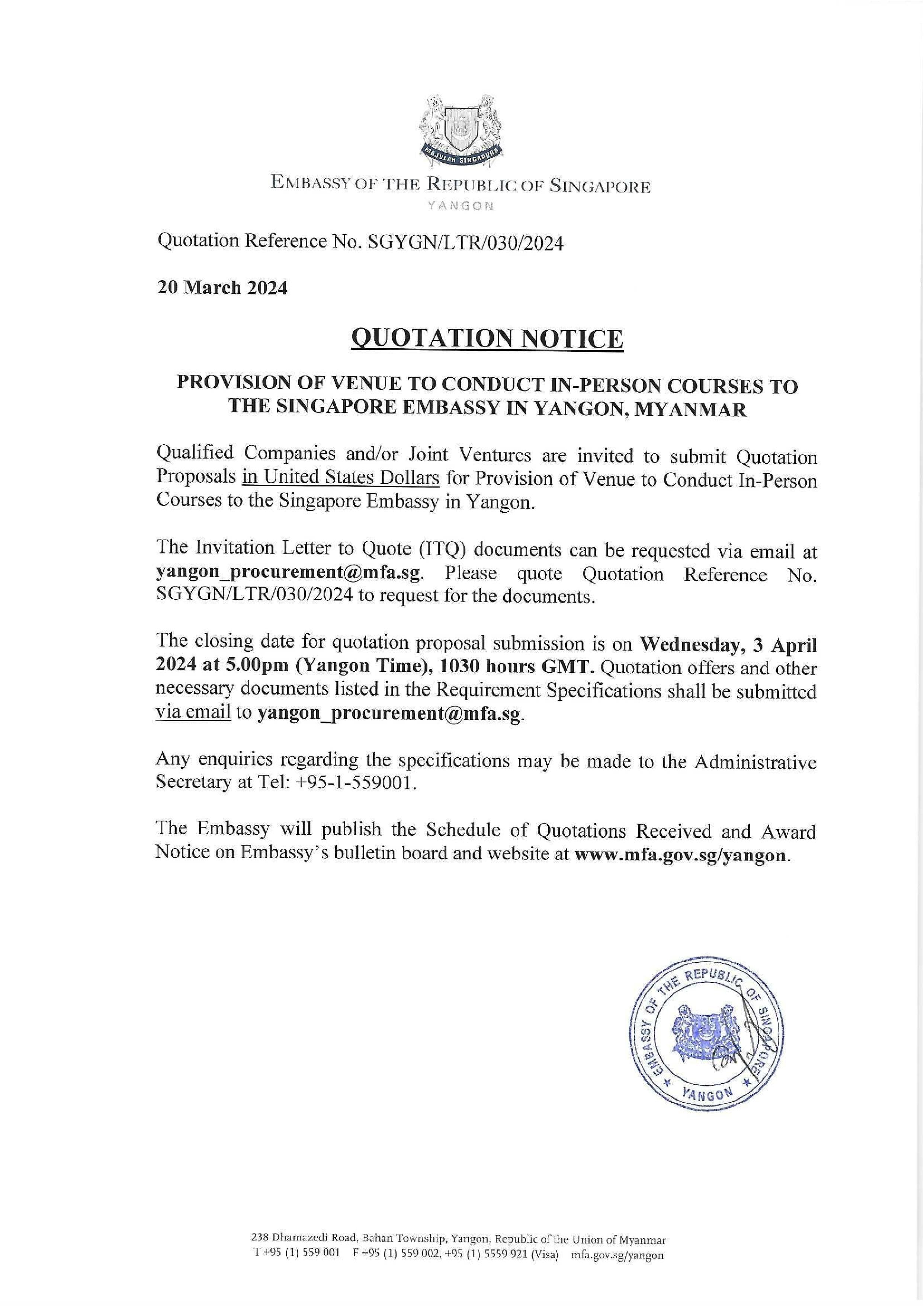 Singapore Embassy notice in Yangon for venue quotation, with logos and contact info.